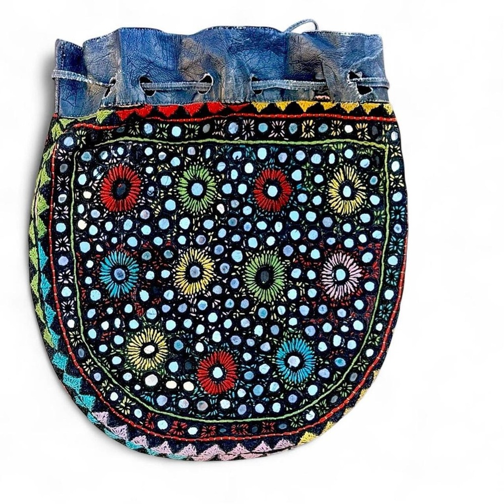 Rare 70s Bohemian Shisha Mirror Embroidered Pouch - Tribal Banjara - Picture 2 of 7